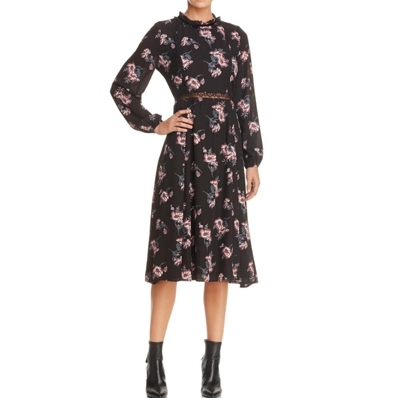 NEW Black Floral Print Long Sleeve Midi Dress Size M/6 - Picture 1 of 7